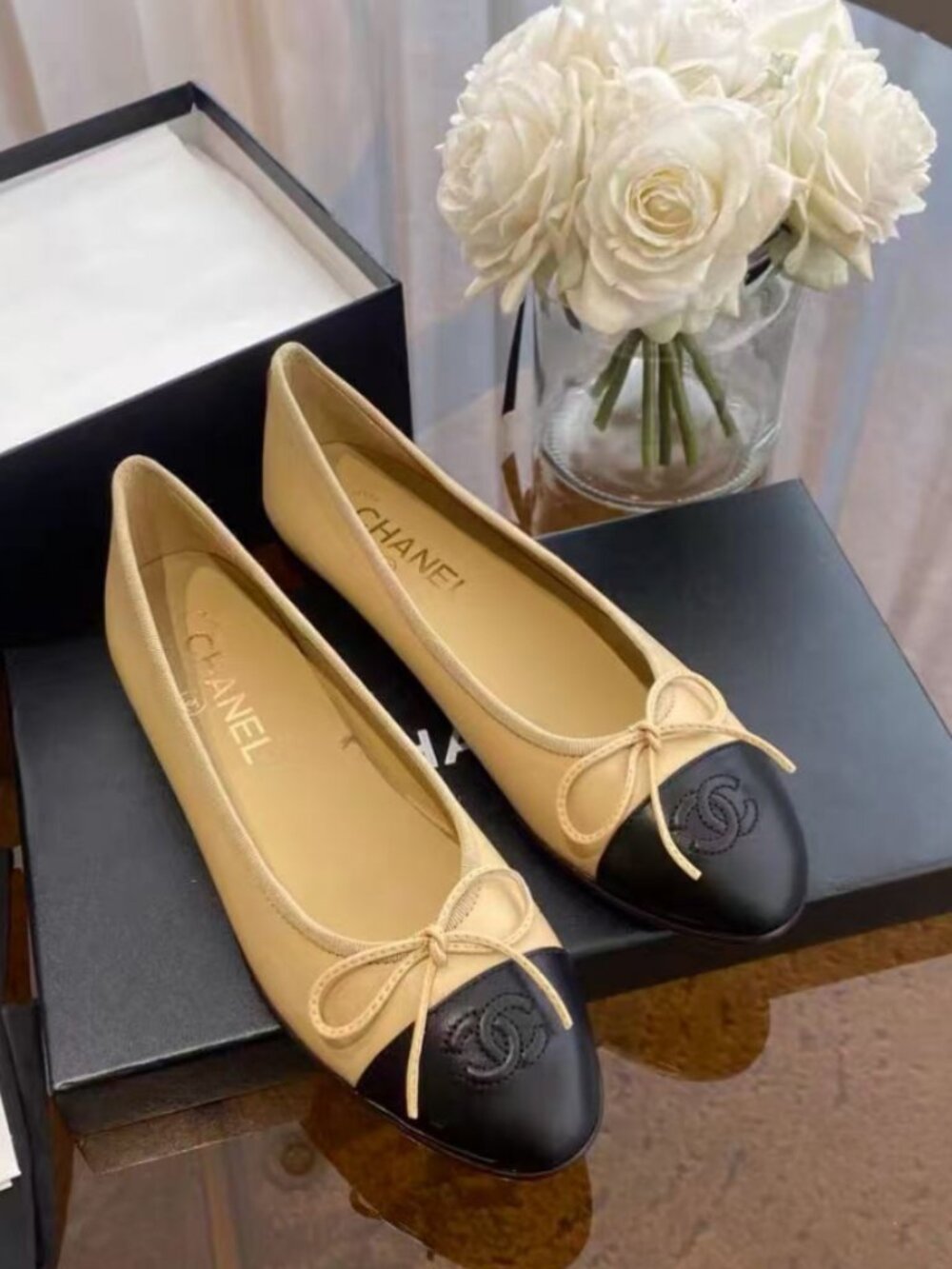 Chanel Beige Black Cap Toe Bow Ballet Flats